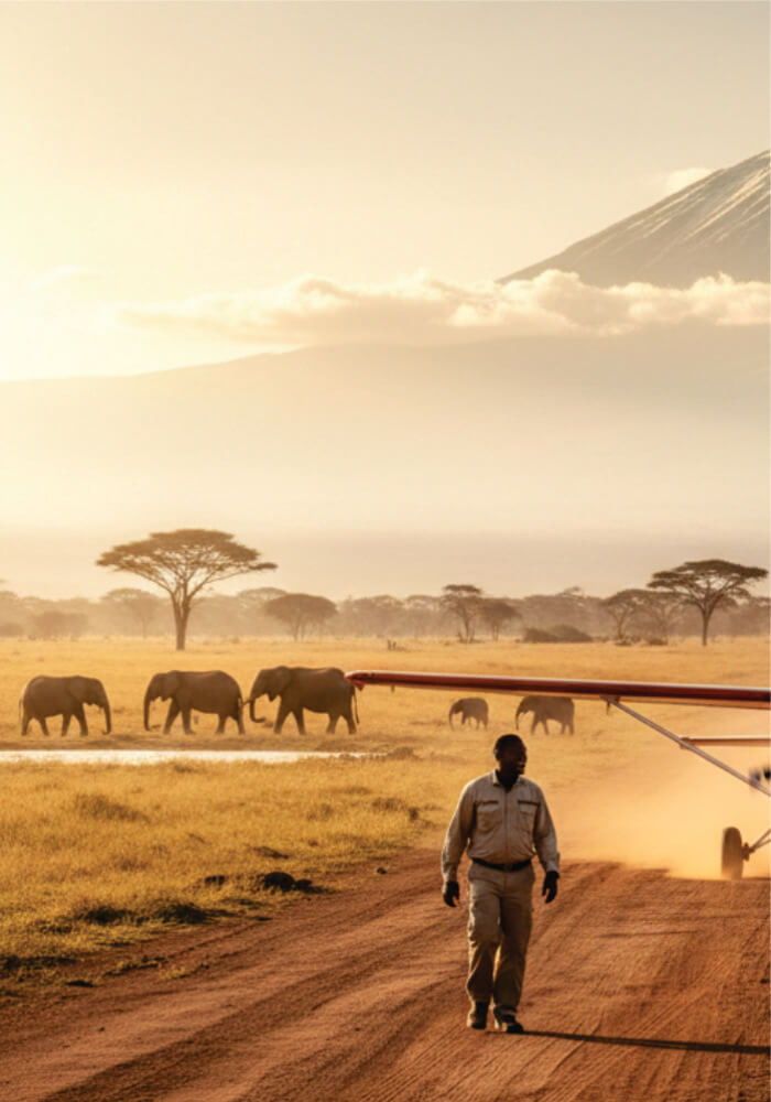 Person walking on a dirt path with elephants and a plane in the background, set against a mountainous landscape.
