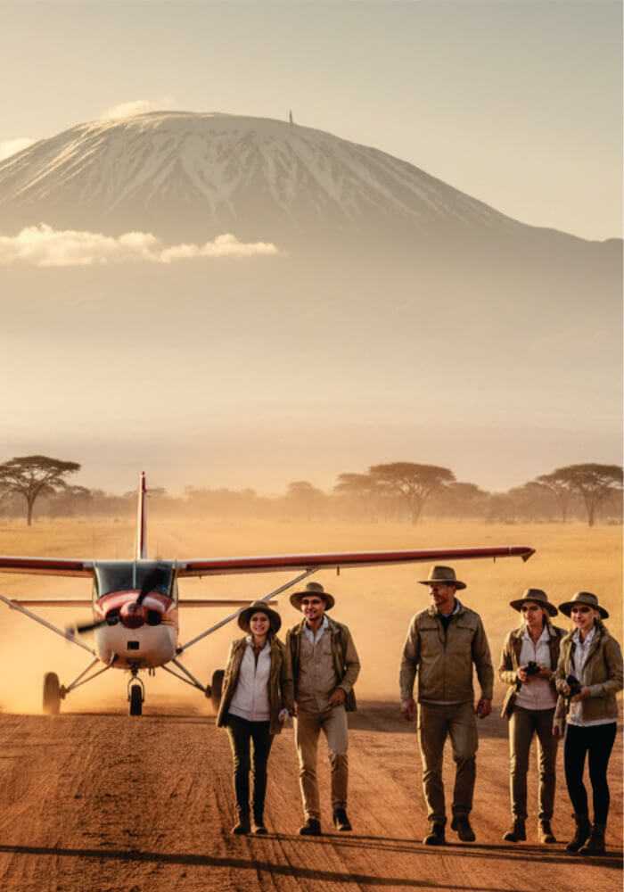Group of people standing in front of a small airplane with a mountain in the background
