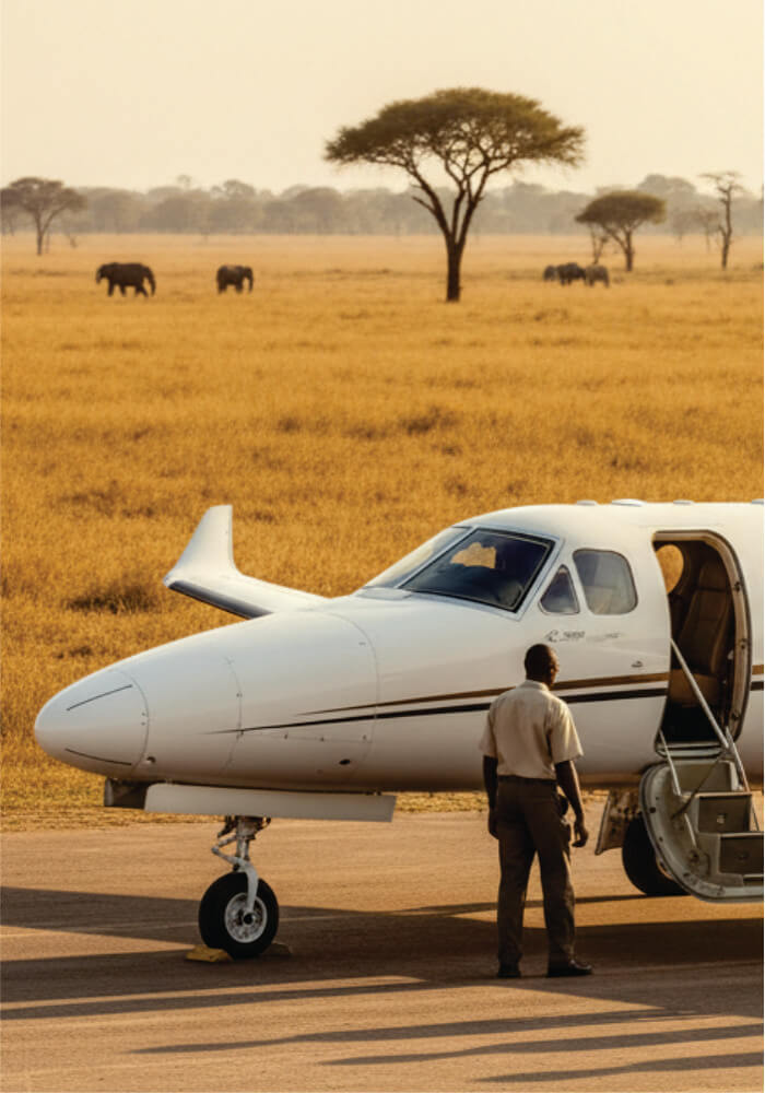 Small airplane on a runway with a person standing next to it, surrounded by a savanna landscape with trees and animals.