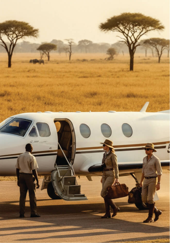 People disembarking from a private jet in a safari setting with trees and open land.