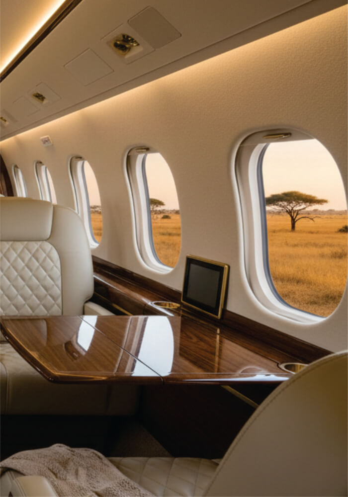 Luxury airplane interior with a view of a savannah landscape through the window.