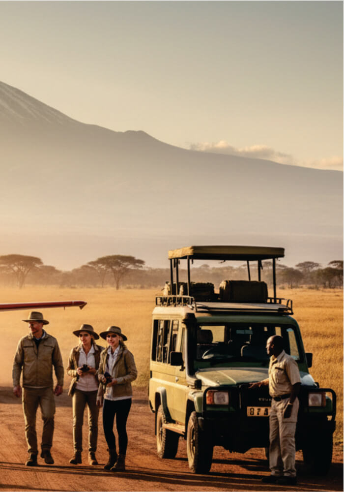 Four people standing next to a safari vehicle in a desert landscape with mountains in the background.