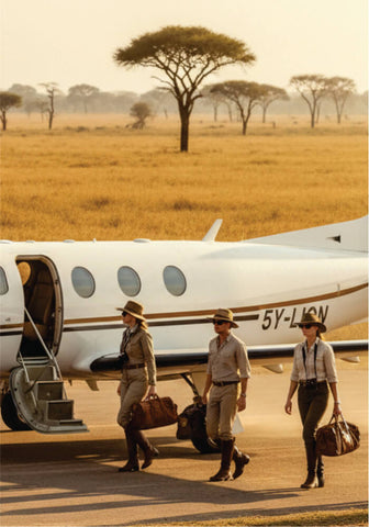 Three people in safari attire walking towards a private jet on a airstrip with a savanna landscape in the background.