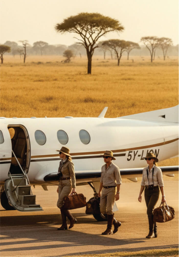 Three people in safari attire walking towards a private jet on a airstrip with a savanna landscape in the background.
