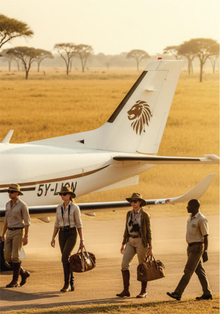 People walking towards a private jet with a lion logo on a airstrip in a savannah setting.
