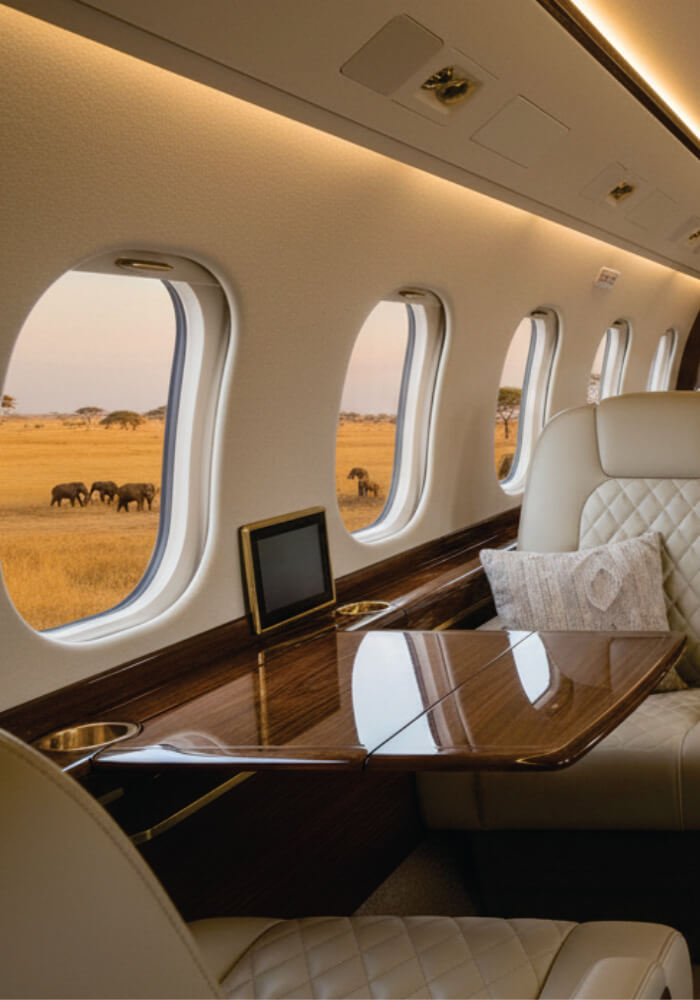Luxury airplane interior with a view of elephants in the wild through the windows.