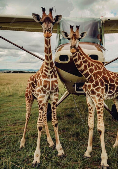 Two giraffes standing in the open savanna near plane in Masai Mara on wildlife fly safari package