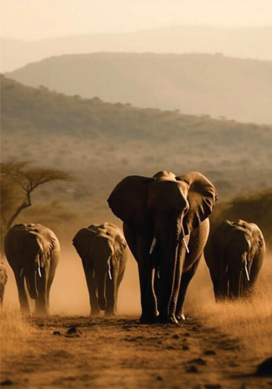 Close-up of a herd of African elephants walking on a dirt road on affordable budget group fly-in safari Masai Mara