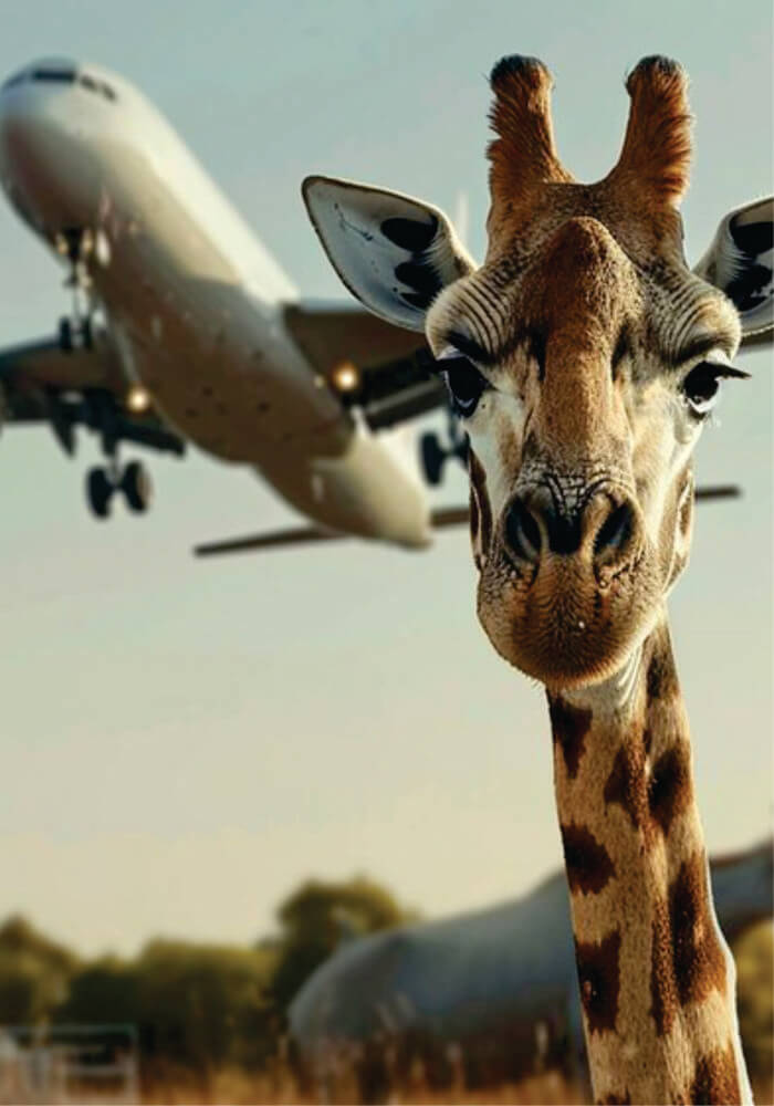 White plane flying high in the sky with views of a giraffe below on affordable Masai Mara fly-in wildlife safari in Kenya