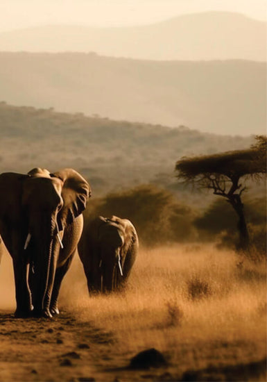 Close-up of two African elephants walking on a dirt road on affordable budget group fly-in safari Masai Mara