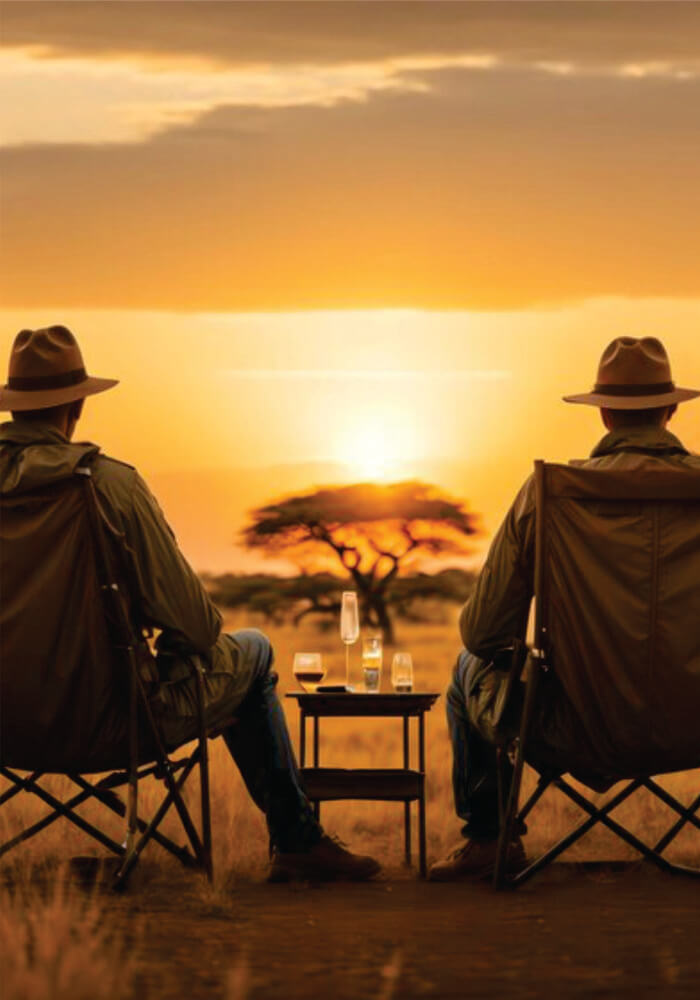 Two cheerful friends enjoying drinks on the savannah at sunset on affordable 2-people Masai Mara fly-in safari package