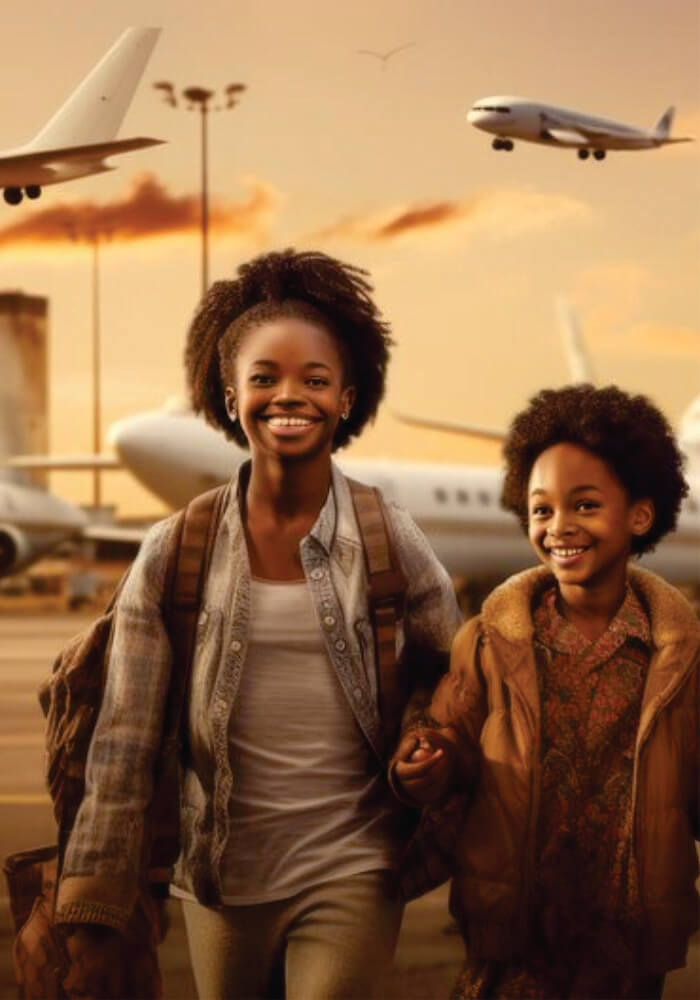 Two young African women holding hands and walking at the airport  luxury Mara Serena Safari Lodge Masai Mara